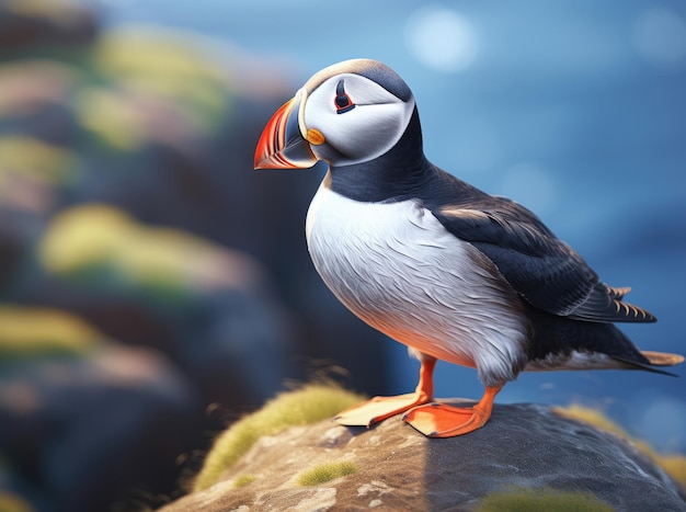 Atlantic puffin bird standing on the rock over the sea