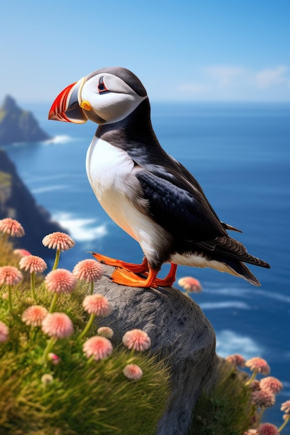 Atlantic Puffins bird near ocean landscape Fratercula arctica Generative ai