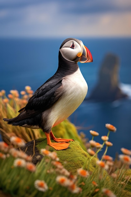 Atlantic Puffins bird near ocean landscape Fratercula arctica Generative ai