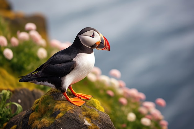 Foto uccelli atlantic puffins sullo sfondo blu dell'oceano fratercula arctica norvegia generative ai