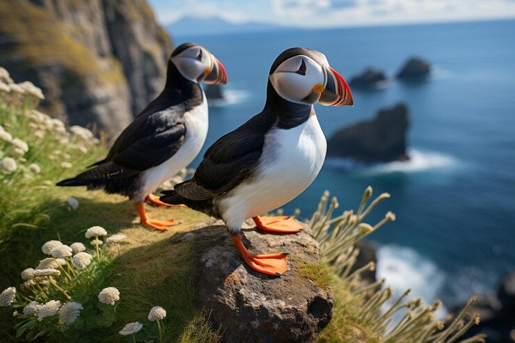 Atlantic Puffins Walking on the Cliff Generative AI Biology Diagrams