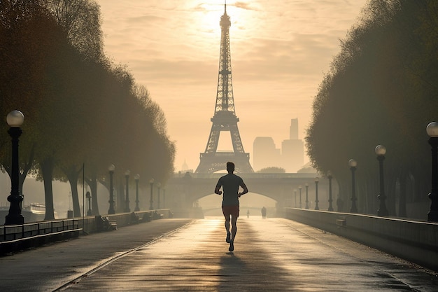 Atleet loopt in Parijs Eiffeltoren op de achtergrond Parijs 2024 Olympische Zomerspelen Morning running training marathonloper loopt in de straten van de stad