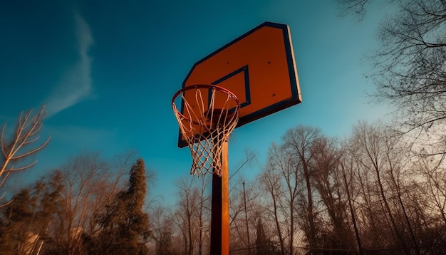 Atleet scoort onder de basketbalring in de schemering gegenereerd door AI