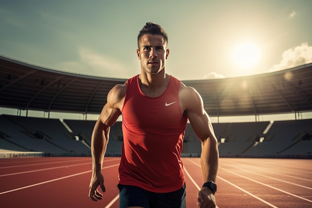 Atleet sportman hardloper training lopen op de baan in het stadion in de ochtend hardloper man dragen vest