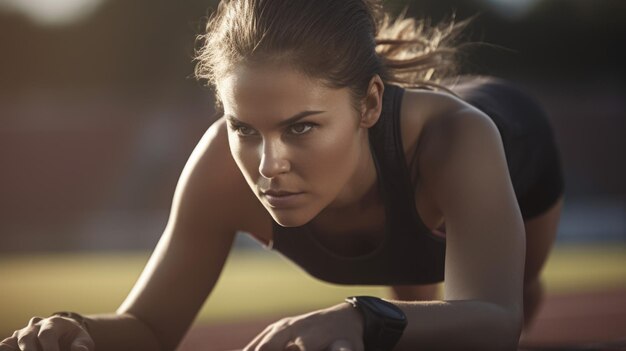 Foto atleet vrouwelijke blanke jonge volwassene die zich uitstrekt voor een race in atletisch veld generatieve ai aig22