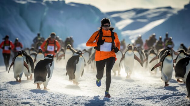 Foto atleten in sportkleding rennen op besneeuwde bergen tussen vele pinguïns crosscountry marathon