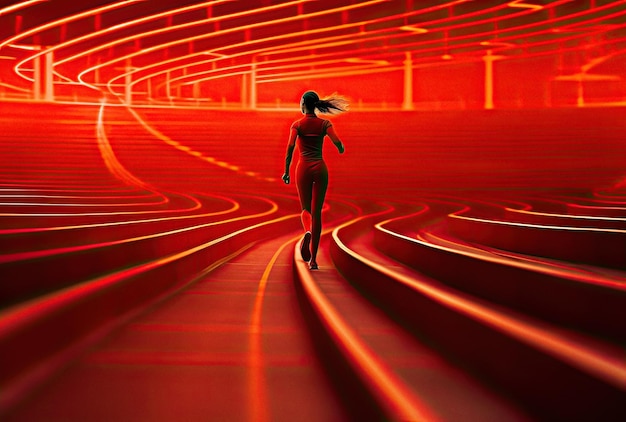 Atletenvrouw in rode kleren die in rood spoor aigenerated kunstwerk lopen