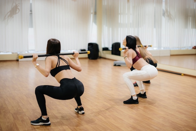 Atletische jonge meisjes houden zich bezig met fitness en aerobics in een groepsles. Fitness, gezonde levensstijl