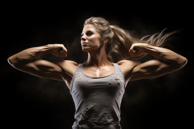 Atletische jonge vrouw die haar spieren op een zwarte achtergrond buigt Een fitnessmeisje met uitgestrekte armen die gedetailleerde spieren vertoont AI gegenereerd