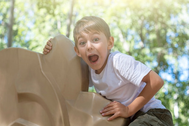 atletische jongenskind beoefenen van rotsklimmen op klimmuur op speelplaats. Pretpark voor kinderen