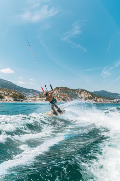 Foto atletische man kitesurft op een exotisch strand op een zomerdag