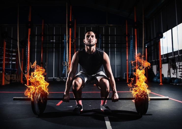 Foto atletische man traint in de sportschool met een vurige halter