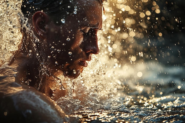 Atletische mannelijke figuur omringd door waterstralen met zonlicht close-up portret concept van kracht vrijheid energie