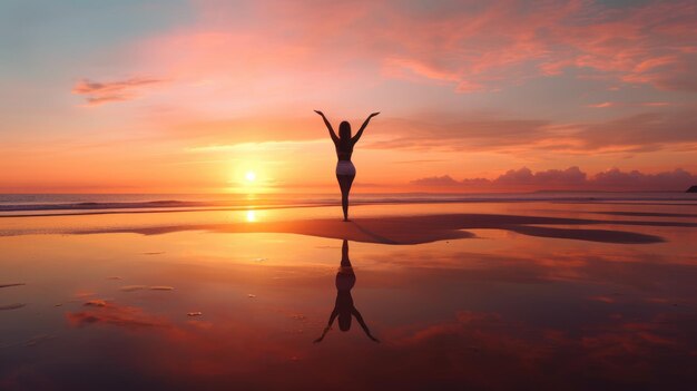 Foto atletische vrouw mediteert en danst op het strand silhouet tegen de achtergrond van een zonsondergang