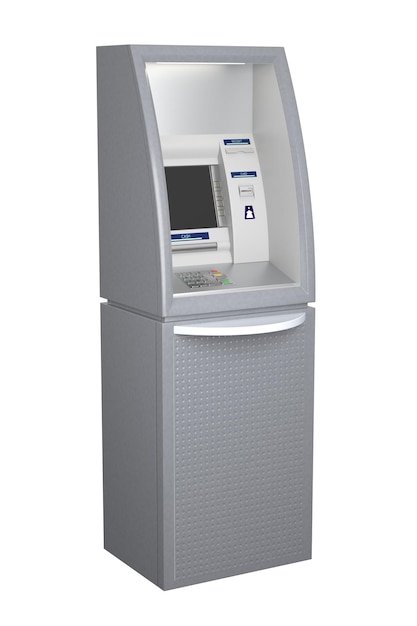 Photo atm machine isolated on white background side view pin code safety automatic banking electronic cash withdrawal bank account access concept 3d illustration