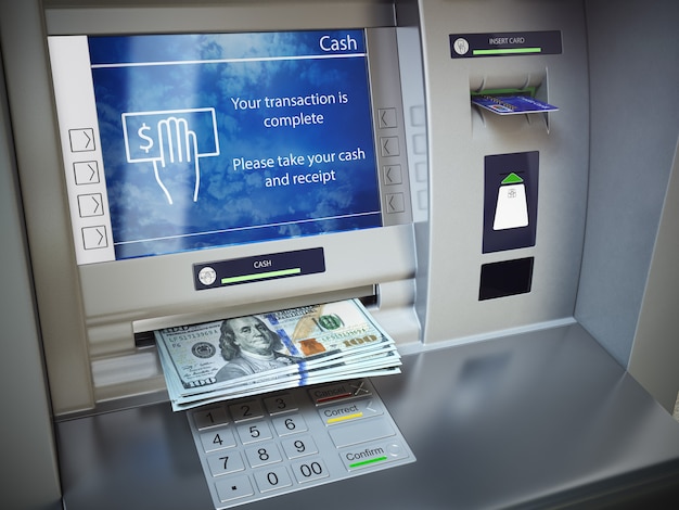 ATM machine and money. Withdrawing dollar banknotes. 3d illustration