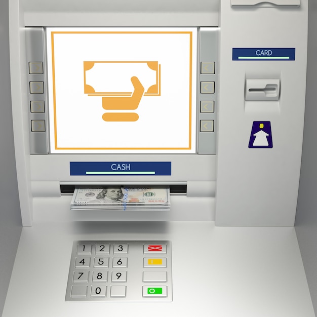 ATm machine with banknotes in the money slot