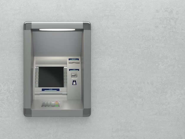 Atm machine with a card reader Display screen buttons cash dispenser receipt printer Pin code safety automatic banking electronic cash withdrawal bank account access concept 3D illustration