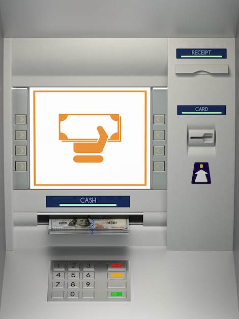 ATm machine with money withdrawal icon and banknotes in the money slot. Online payment, cash withdrawal deposit, transfer funds, giving money returning bank debt concept. 3D illustration