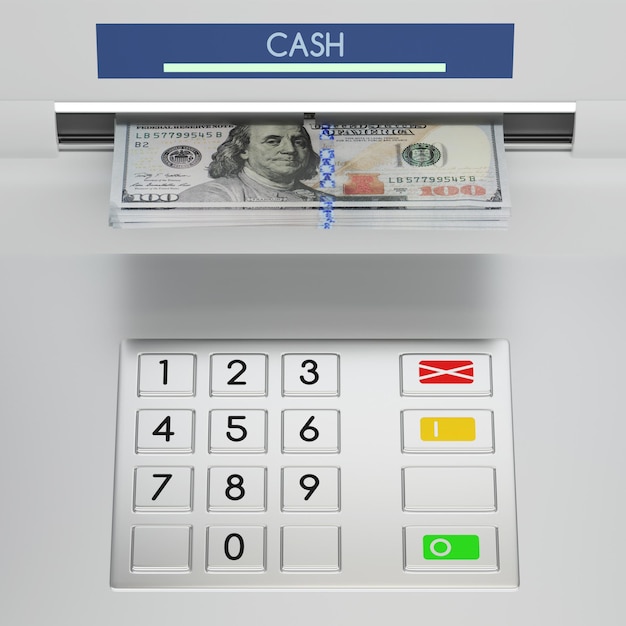 ATM-machinetoetsenbord met 100 dollarbankbiljetten in de geldgroef. Wachtwoordbeveiliging, online betaling, aanbetaling van contant geld, geld overmaken, geld teruggeven van bankschuldconcept. 3D illustratie