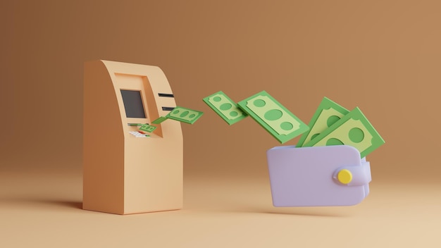 ATM with wallet and money 3d illustration