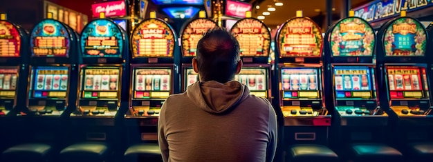 Atmosfeer van een casino met een persoon die voor een rij kleurrijke gokmachines zit en verdiept is