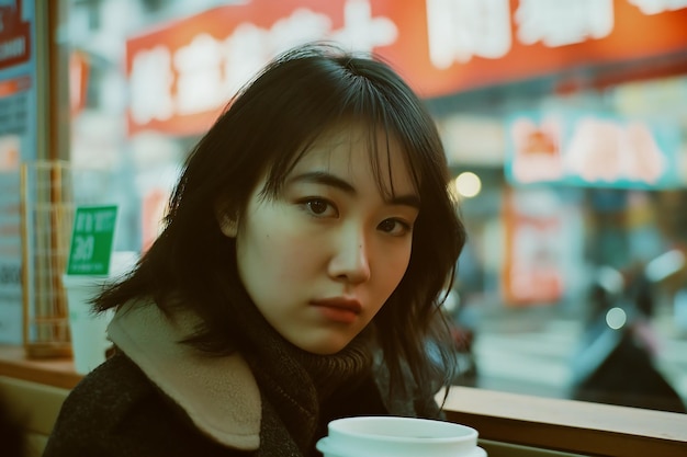 Atmosfeer vintage retro portret Aziatische Chinese vrouw geniet van koffiepauze in een café