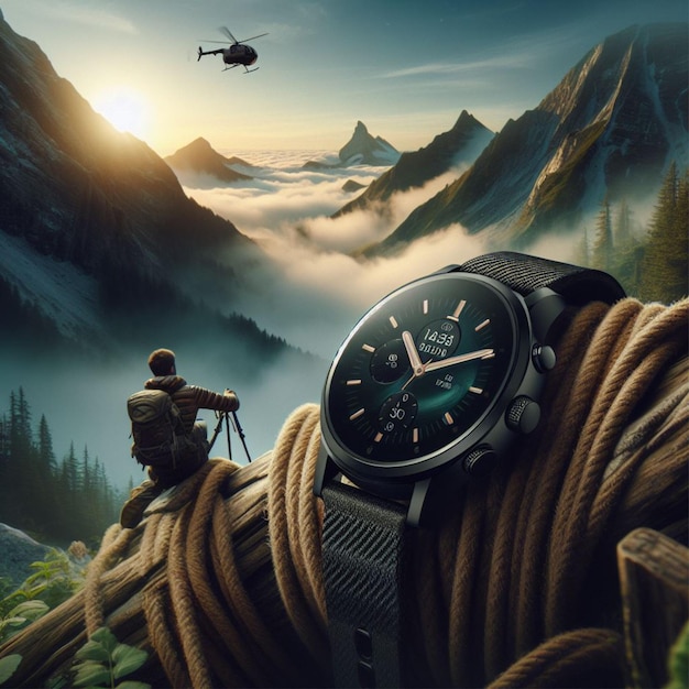 Atmosferische serie foto's met uw smartwatch in verschillende avonturen in de buitenlucht