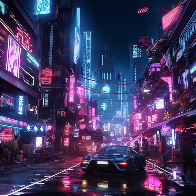 Atmosphere in cyber city with bright lights