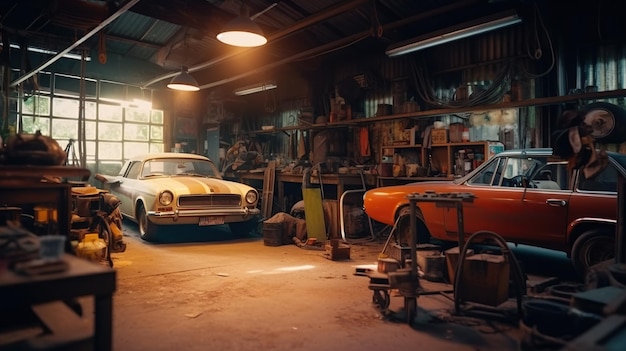 Photo atmosphere inside the vehicle repair shop background generative ai