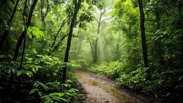 atmosphere of rain falling in a tropical forest