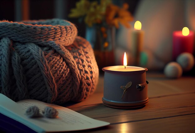 The atmosphere of winter holidays with candles, a knitted sweater and a book. Generative ai