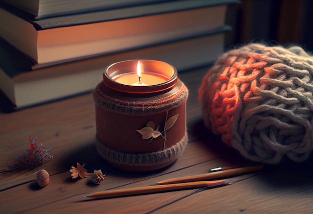 The atmosphere of winter holidays with candles, a knitted sweater and a book. Generative ai