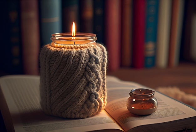 The atmosphere of winter holidays with candles, a knitted sweater and a book. Generative ai