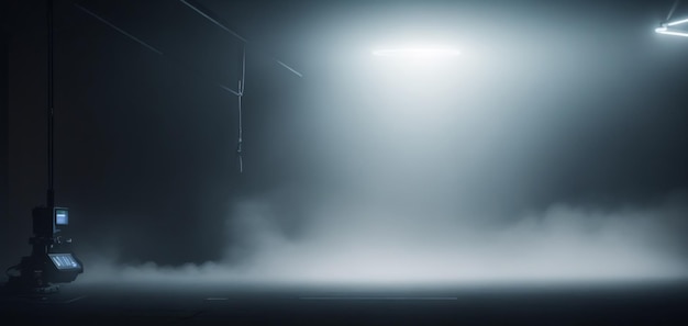 Foto ambiente atmosferico pavimento vuoto scuro e sala studio con fumo galleggiante