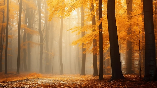 Atmospheric autumn forest in the fog Yellow and ora