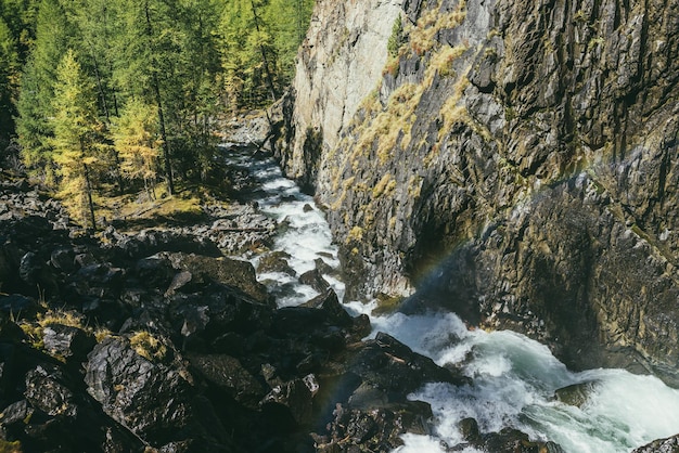 Atmosferico paesaggio autunnale con arcobaleno sopra il turbolento fiume di montagna tra rocce vicino alla parete rocciosa al sole. splendido scenario alpino con potente fiume di montagna e foresta autunnale alla luce del sole.