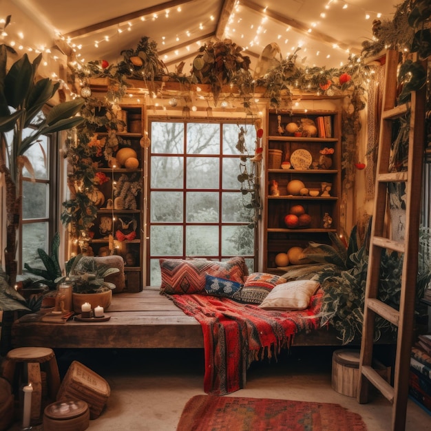 Photo atmospheric boho winter room tent home plaid generate ai