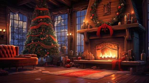 Atmospheric Christmas room with a Christmas tree fireplace and garlands AI generated