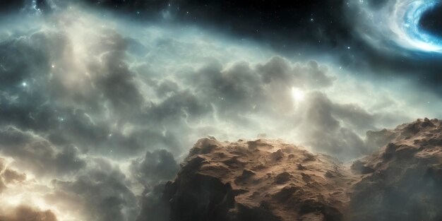 Foto nebulosa colorata atmosferica e stelle luminose nello spazio profondo.