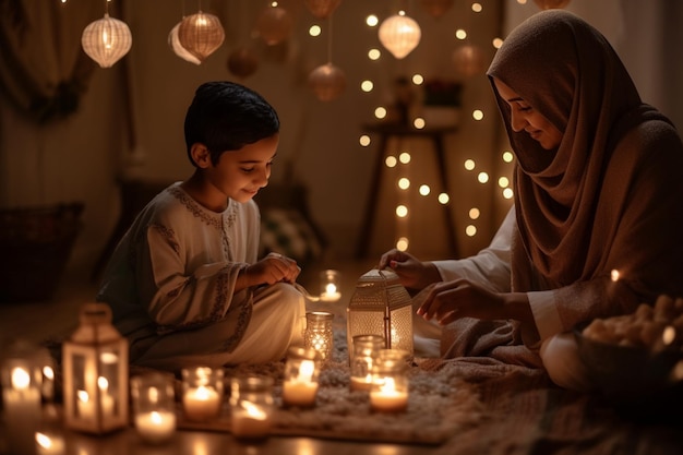 Eid alAdha 조명 등불과 마법 같은 분위기의 분위기 있는 저녁 장면