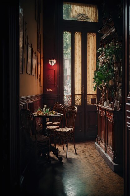 Atmospheric french cafe with charming an cozy interior in morning light intimate nostalgic elegant parisian Generative AI