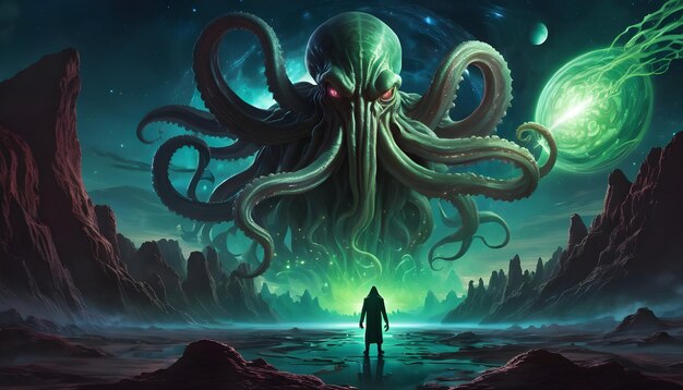 Photo an atmospheric image of cthulhu emerging from a cosmic rift