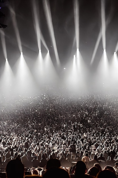 Foto un'immagine suggestiva del pubblico di un concerto musicale con sagome di fan e luci nebbiose del palco sullo sfondo aigenerata