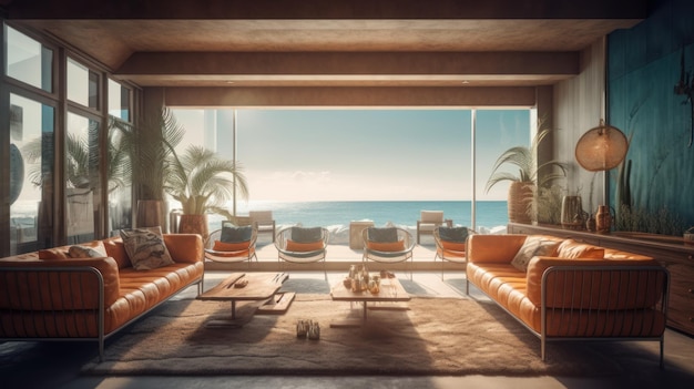 Atmospheric interior of a beach lounge with a view of the sea and sunset Al generated