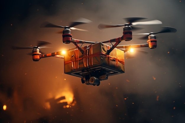 Foto il viaggio atmosferico del processo di consegna dei droni senza pilota ai generativa