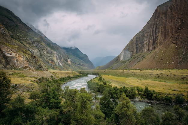 Atmospheric mountain landscape on a cloudy foggy day in the valley of Chulyshman. The river runs in a green valley between rocks