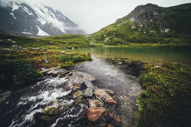 氷河湖からの水流のある大気中の山の風景。石のある山の湖の砂底。雨天時の透明な湖からの渓流と美しいアルプスの風景。