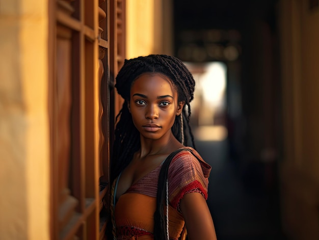 Photo atmospheric portrait of a beautiful tired weary looking young girl from africa