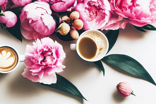 Atmospheric romantic morning with coffee and bouquet of peonies on white background